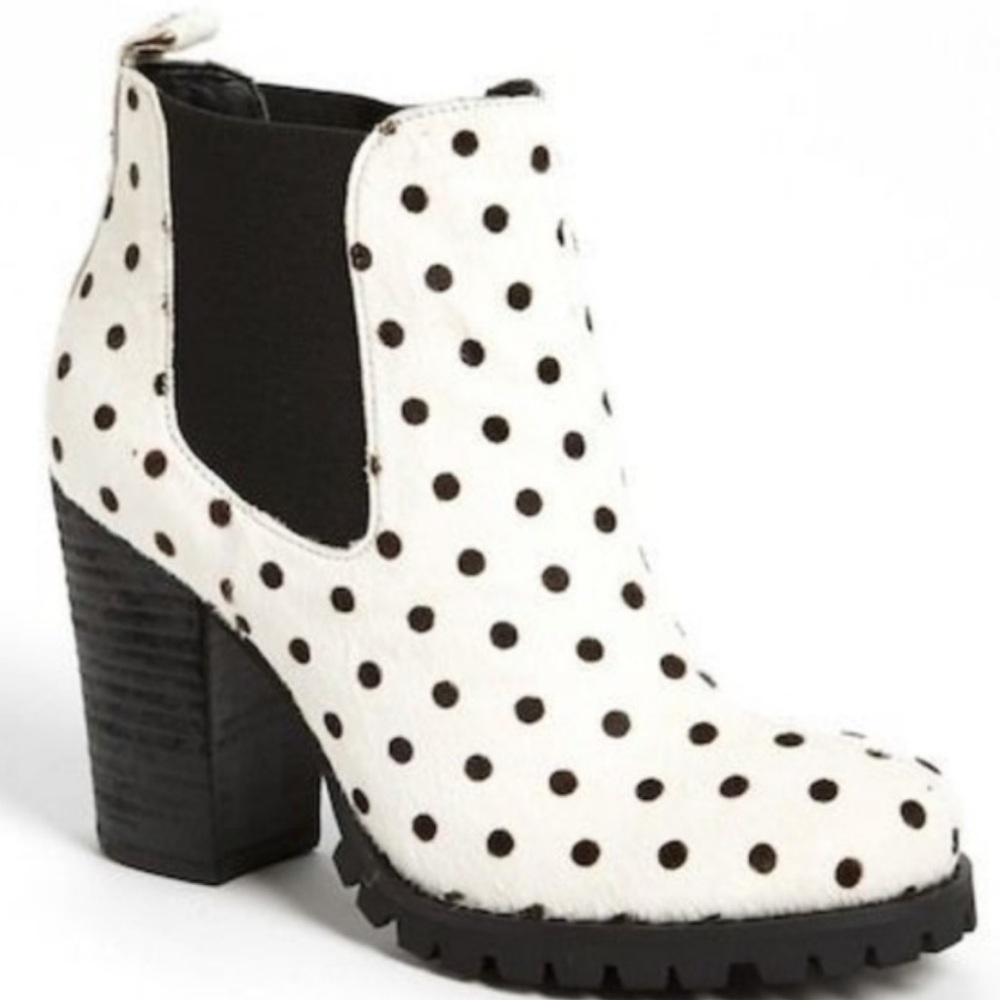 NWB Chinese Laundry Elise Brash Pony Hair Black & White Polka Dot Ankle Booties
